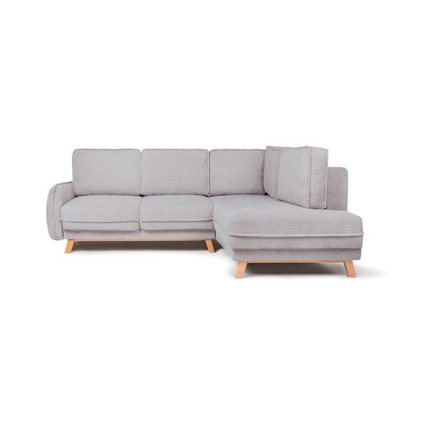 Divano angolare grigio chiaro allungabile/con contenitore (con penisola a destra/a L) con rivestimento in velluto a coste Tori – Bonami Selection