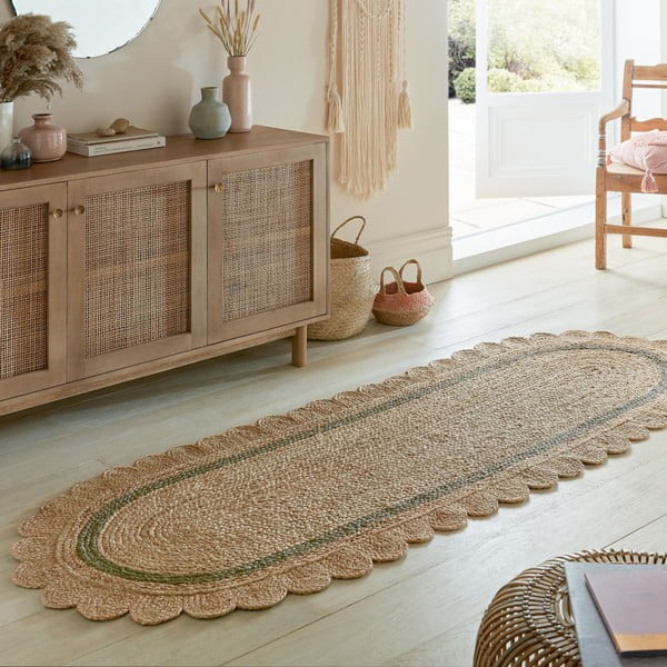 Passatoia verde scuro/di colore naturale in iuta tessuta a mano 80x230 cm Grace Green – Flair Rugs-image-1