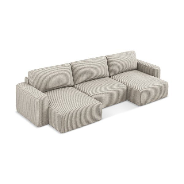 Divano angolare beige allungabile/con contenitore (a U) con rivestimento in velluto a coste Kona – Makamii-image-3