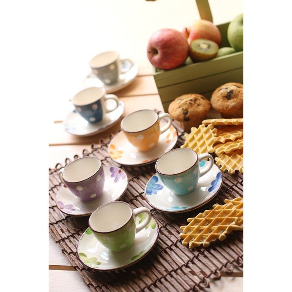 Set di 6 tazze da espresso colorate con piattini in gres Tazzine Margarita - VDE Tivoli 1996-image-1