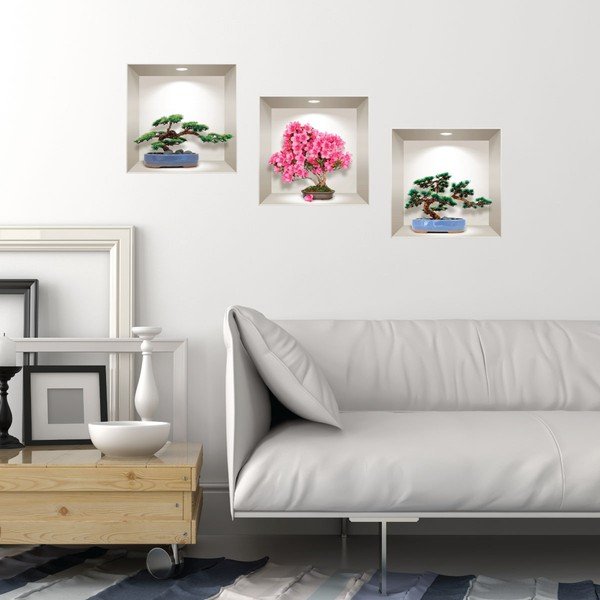 Set di 3 adesivi murali 3D naturali e colorati Bonsai - Ambiance