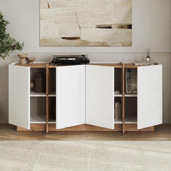 Credenza bianca con effetto pino con apertura per cavi 180x80x45 cm Dorma – Kalune Design-image-2