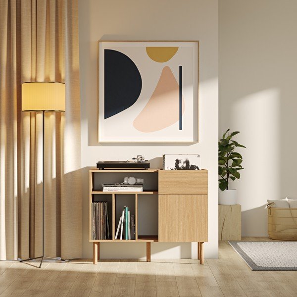 Cassettiera bassa per dischi per grammofono in rovere 100x80 cm Viny - TemaHome-image-1