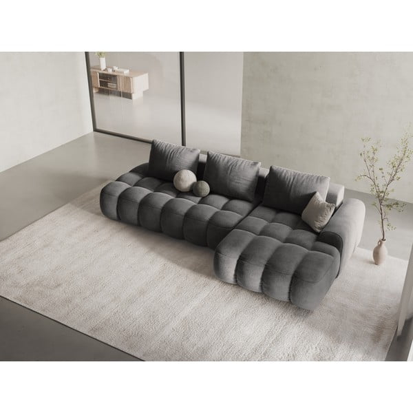 Divano angolare grigio allungabile/con contenitore (con penisola a destra/con chaise lounge) con rivestimento in velluto Linz – Cosmopolitan Design-image-1