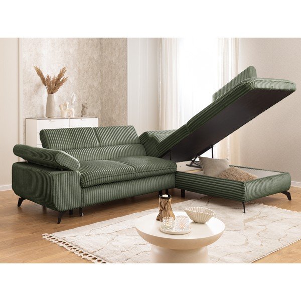 Divano angolare verde (con penisola a destra/a L) con rivestimento in velluto a coste Marbeya  – Ropez-image-4