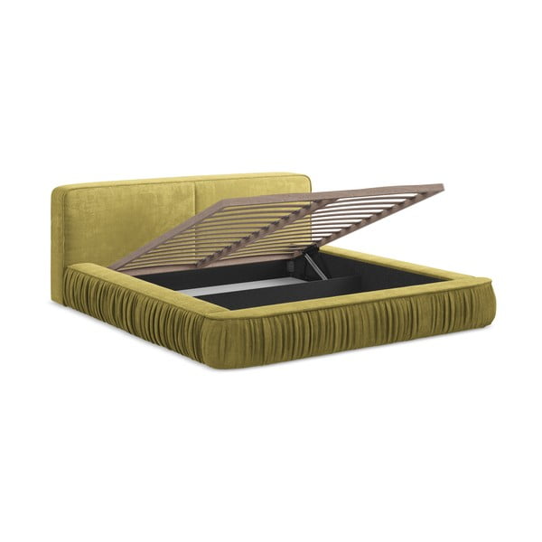 Letto matrimoniale imbottito giallo con contenitore e rete inclusi 160x200 cm Keoni – Makamii-image-4