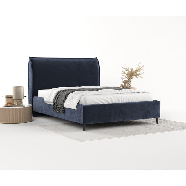 Letto matrimoniale imbottito blu scuro con spazio contenitivo e rete 140x200 cm Shell - Maison de Rêve-image-1