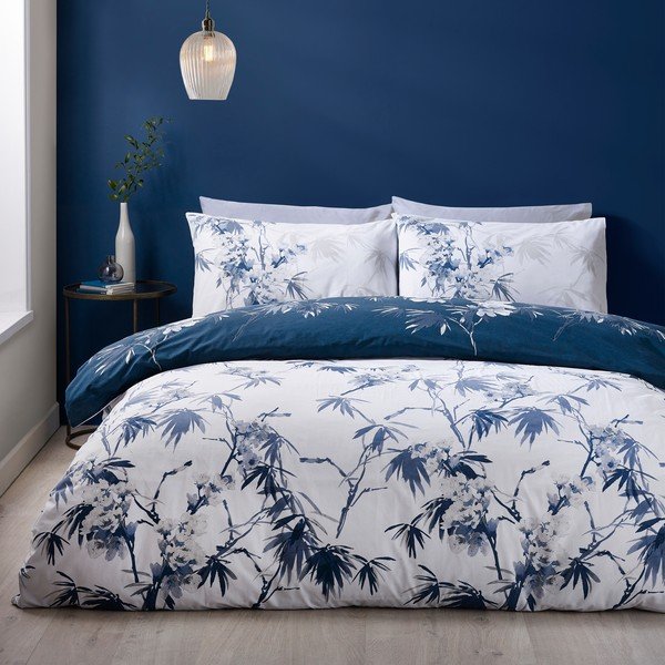 Set copripiumino e federa blu scuro/color crema per letto singolo 135x200 cm Kyoto Floral – Catherine Lansfield-image-1