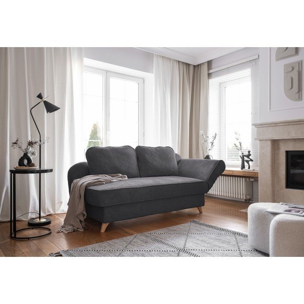 Chaise longue grigia (con penisola a destra) con rivestimento in velluto a coste Chic Charlotte – Miuform-image-1