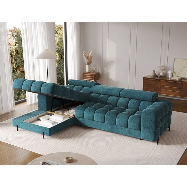 Divano angolare blu allungabile/con contenitore (con penisola a sinistra/con chaise lounge) con rivestimento in bouclé Felro – ELTAP-image-4