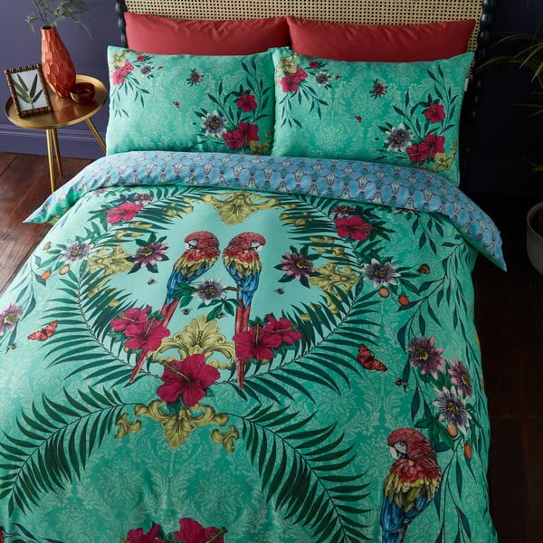 Set copripiumino e federa verde e blu in raso di cotone per letto matrimoniale e per letto esteso 230x220 cm Paradise Parrot – Matthew Williamson-image-4