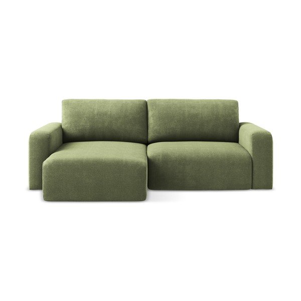 Divano angolare verde allungabile/con contenitore (con penisola a sinistra/con chaise lounge) con rivestimento in ciniglia Kona – Makamii