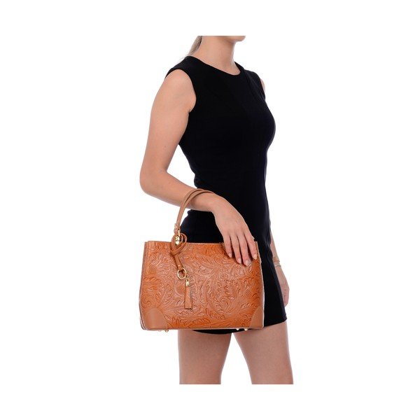Borsa in pelle marrone cognac Floral - Carla Ferreri-image-4