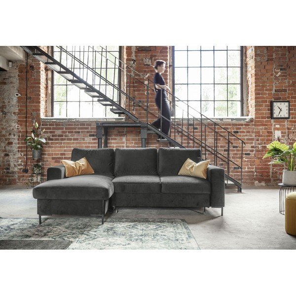 Divano letto angolare in velluto grigio scuro, angolo sinistro Lofty Lilly - Miuform-image-4