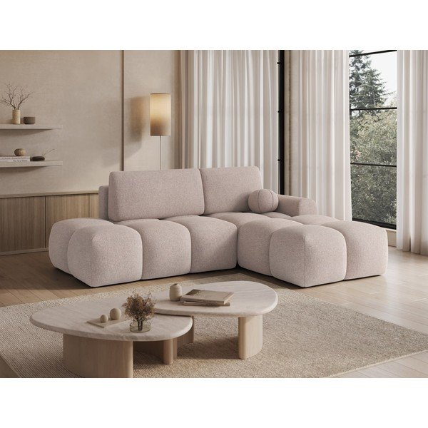 Divano angolare marrone chiaro allungabile/con contenitore (con penisola a destra/con chaise lounge) con rivestimento in bouclé Vittario – ELTAP-image-2