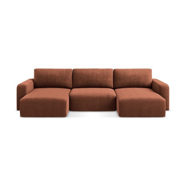 Divano angolare color terracotta allungabile/con contenitore (a U) con rivestimento in ciniglia Kona – Makamii