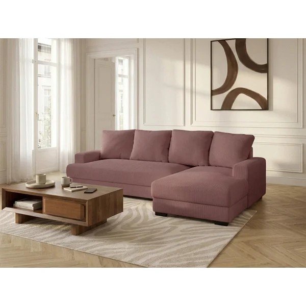 Divano angolare rosa allungabile/con contenitore (con penisola a destra/con chaise lounge) con rivestimento in velluto a coste Campi – Bobochic Paris-image-1