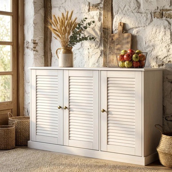 Credenza bianca in pino massiccio 125x80x38 cm Edith – Støraa-image-3