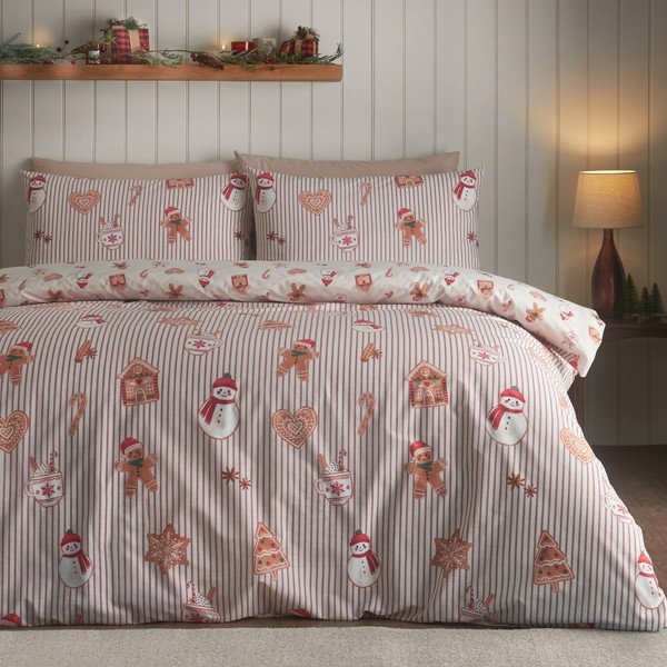 Set copripiumino e federa di colore naturale per letto singolo 135x200 cm Christmas Gingerbread Stripe – Catherine Lansfield