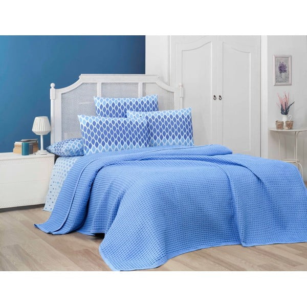 Copriletto in cotone blu 220x240 cm Waffle - Mila Home-image-2