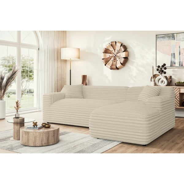 Divano angolare beige (con penisola a destra e chaise lounge) rivestito in velluto a coste Martin – Ropez-image-1
