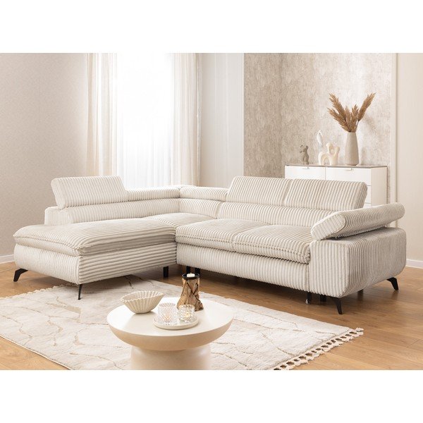 Divano angolare color crema (con penisola a sinistra/a L) con rivestimento in velluto a coste Marbeya  – Ropez-image-1