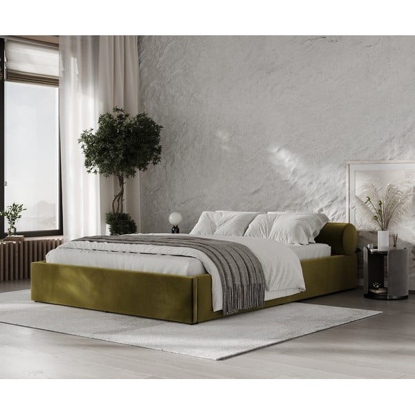 Letto matrimoniale imbottito verde scuro con contenitore e rete inclusi 160x200 cm Solvo – Maison de Rêve-image-1