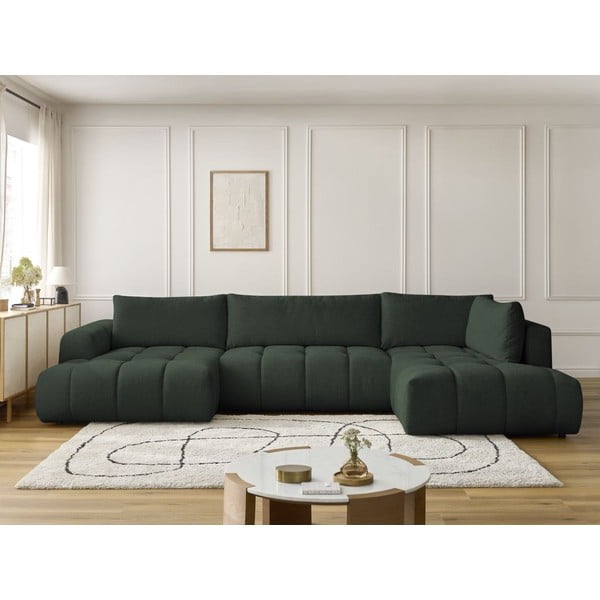 Divano angolare verde allungabile e con contenitore (penisola a destra/a U) con rivestimento in ciniglia Fuji – Bobochic Paris-image-1