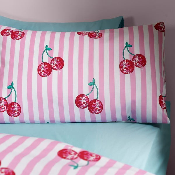 Set copripiumino e federa bianco e rosa per letto singolo 135x200 cm Disco Cherries Stripes – Catherine Lansfield-image-3