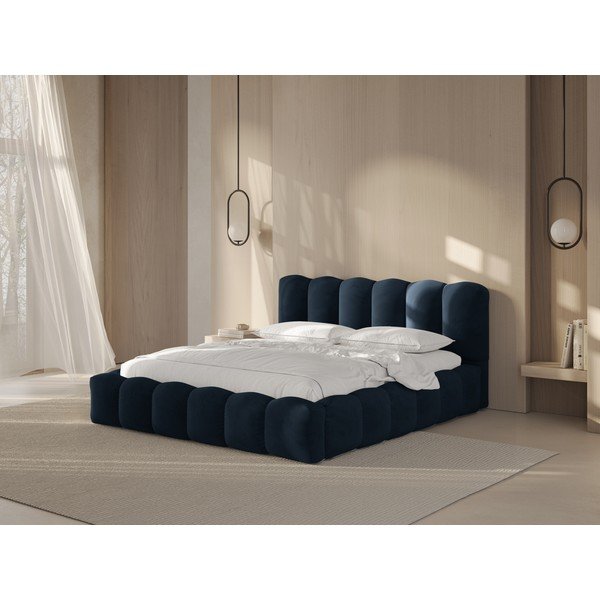 Letto matrimoniale imbottito blu scuro con contenitore con rete inclusa 200x200 cm Lupine – Micadoni -image-1