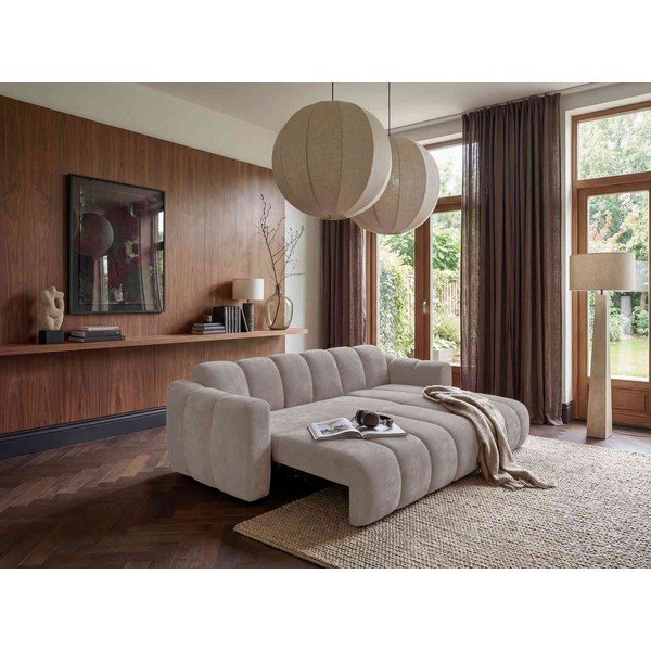 Divano angolare beige allungabile (con penisola a destra) con rivestimento in ciniglia Michell – Miuform-image-1