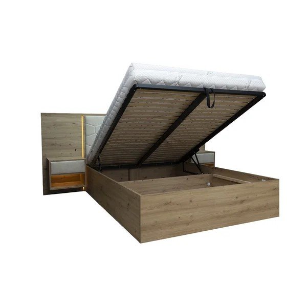 Letto matrimoniale imbottito/in truciolato beige con contenitore con rete inclusa 160x200 cm Palmeraie – Bobochic Paris-image-4