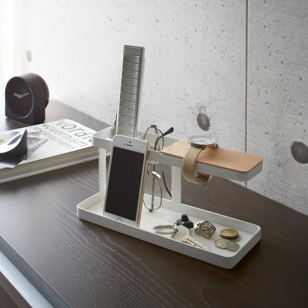 Supporto multifunzionale bianco con barra da scrivania in faggio Tower - YAMAZAKI-image-1