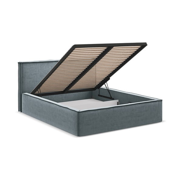 Letto matrimoniale imbottito azzurro con contenitore con griglia 140x200 cm Anani - Makamii-image-3