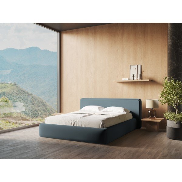 Letto matrimoniale imbottito blu con contenitore con griglia 180x200 cm Kiana - Makamii-image-1