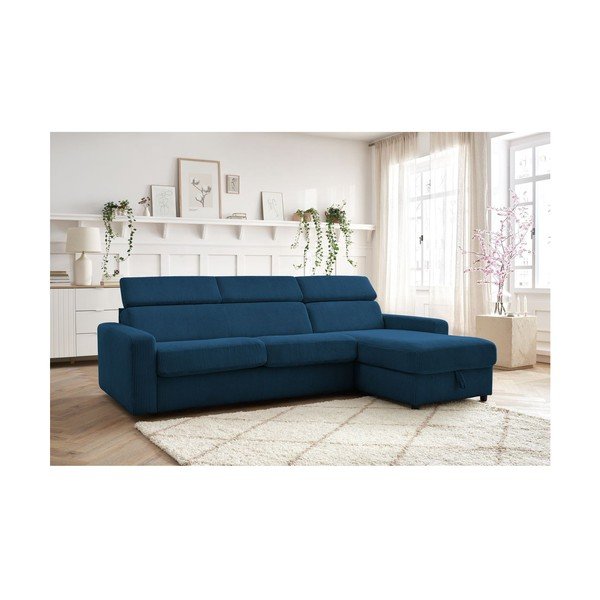 Divano angolare in blu scuro allungabile (con composizione variabile) con rivestimento in velluto a coste Monaco – Bobochic Paris-image-1