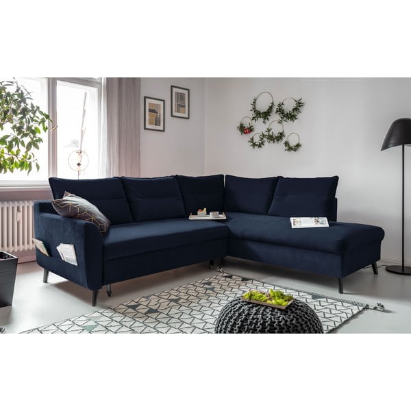 Divano letto angolare in velluto blu scuro L, angolo destro Stylish Stan - Miuform-image-4