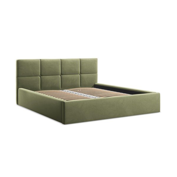Letto matrimoniale imbottito verde in velluto con contenitore con rete inclusa 140x200 cm Hiko – Makamii