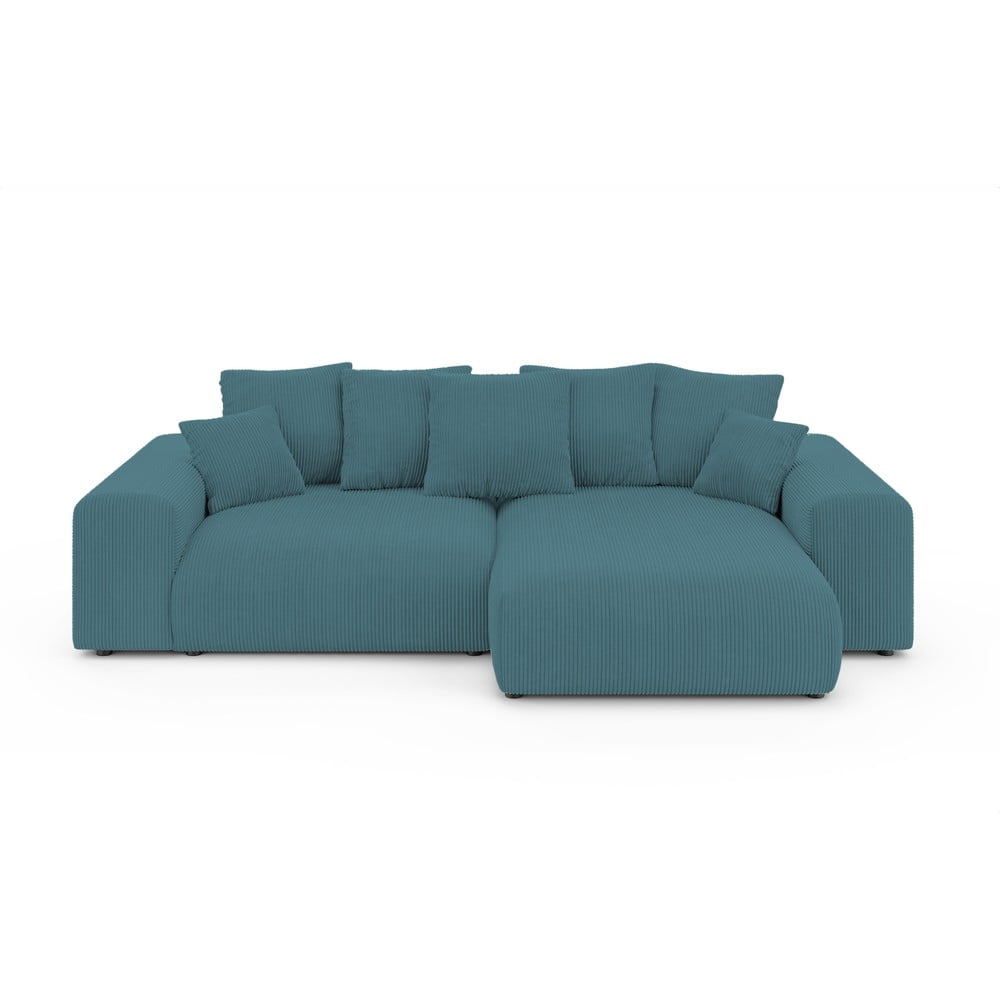 Divano angolare turchese allungabile/con contenitore con rivestimento in velluto a coste Luma – Ropez | Divani ad angolo