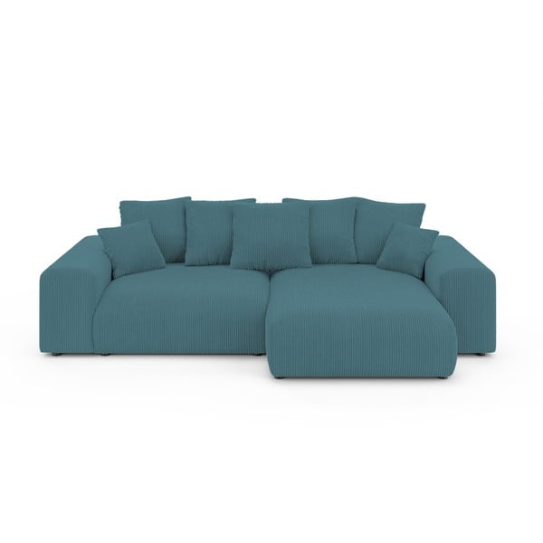 Divano angolare turchese allungabile/con contenitore con rivestimento in velluto a coste Luma – Ropez