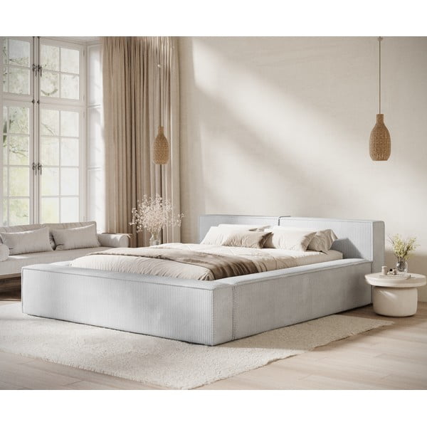 Letto matrimoniale imbottito grigio chiaro con contenitore con rete inclusa 200x200 cm Voliera – Maison de Rêve-image-1