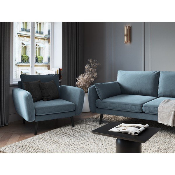 Poltrona in velluto azzurro con gambe nere Lento - Kooko Home-image-1