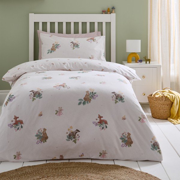 Set copripiumino e federa da bambini color crema in flanella per letto singolo 120x150 cm Brushed Forest Friends – Catherine Lansfield-image-1