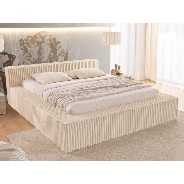 Letto matrimoniale imbottito beige con contenitore e rete inclusi 140x200 cm Cloe – Ropez-image-1