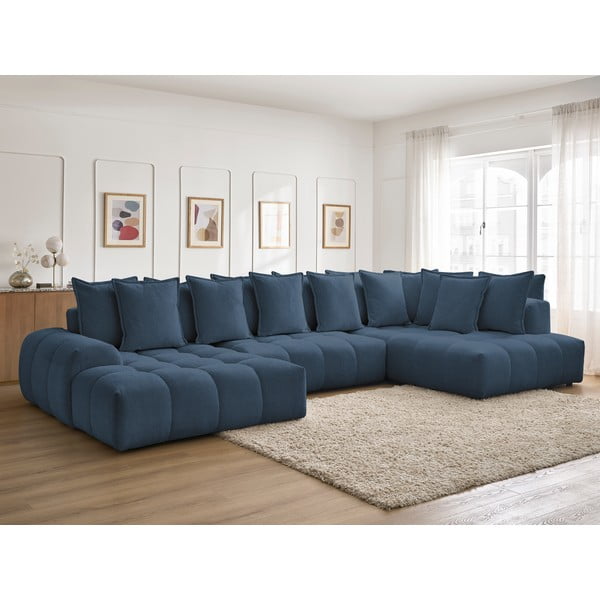 Divano angolare blu scuro allungabile e con contenitore (penisola a destra/a U) con rivestimento in ciniglia Everest – Bobochic Paris-image-1