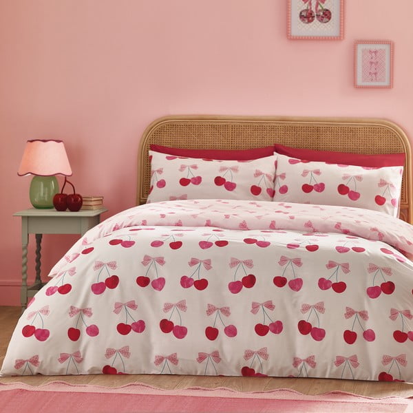 Set copripiumino e federa bianco e rosa per letto matrimoniale e per letto esteso 230x220 cm Cherries and Bows – Catherine Lansfield-image-1