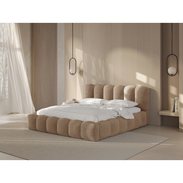 Letto matrimoniale imbottito marrone chiaro con contenitore con rete inclusa 160x200 cm Lupine – Micadoni -image-1