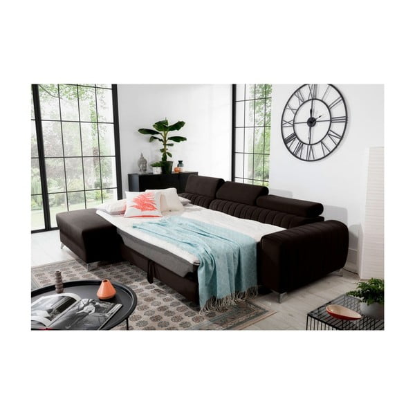 Divano angolare marrone scuro allungabile/con contenitore (con penisola a sinistra/con chaise lounge) e rivestimento in velluto Grayson – ELTAP-image-4