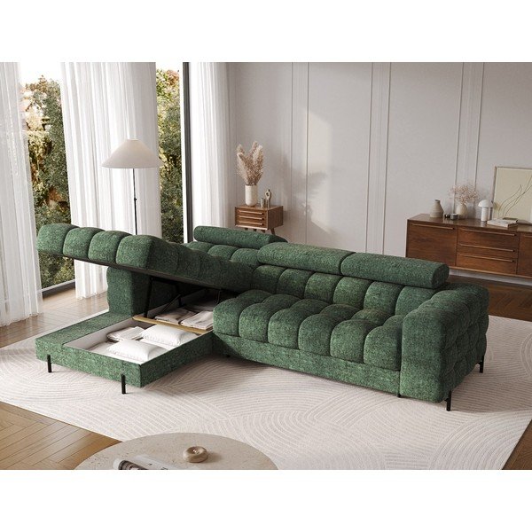 Divano angolare verde allungabile/con contenitore (con penisola a sinistra/con chaise lounge) con rivestimento in bouclé Felro – ELTAP-image-4