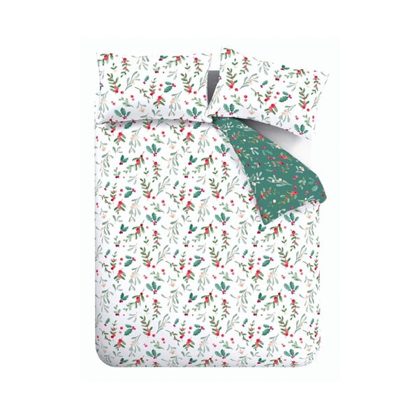 Set copripiumino e federa bianco e verde in flanella per letto matrimoniale e per letto esteso 230x220 cm Holly and Mistletoe – Catherine Lansfield